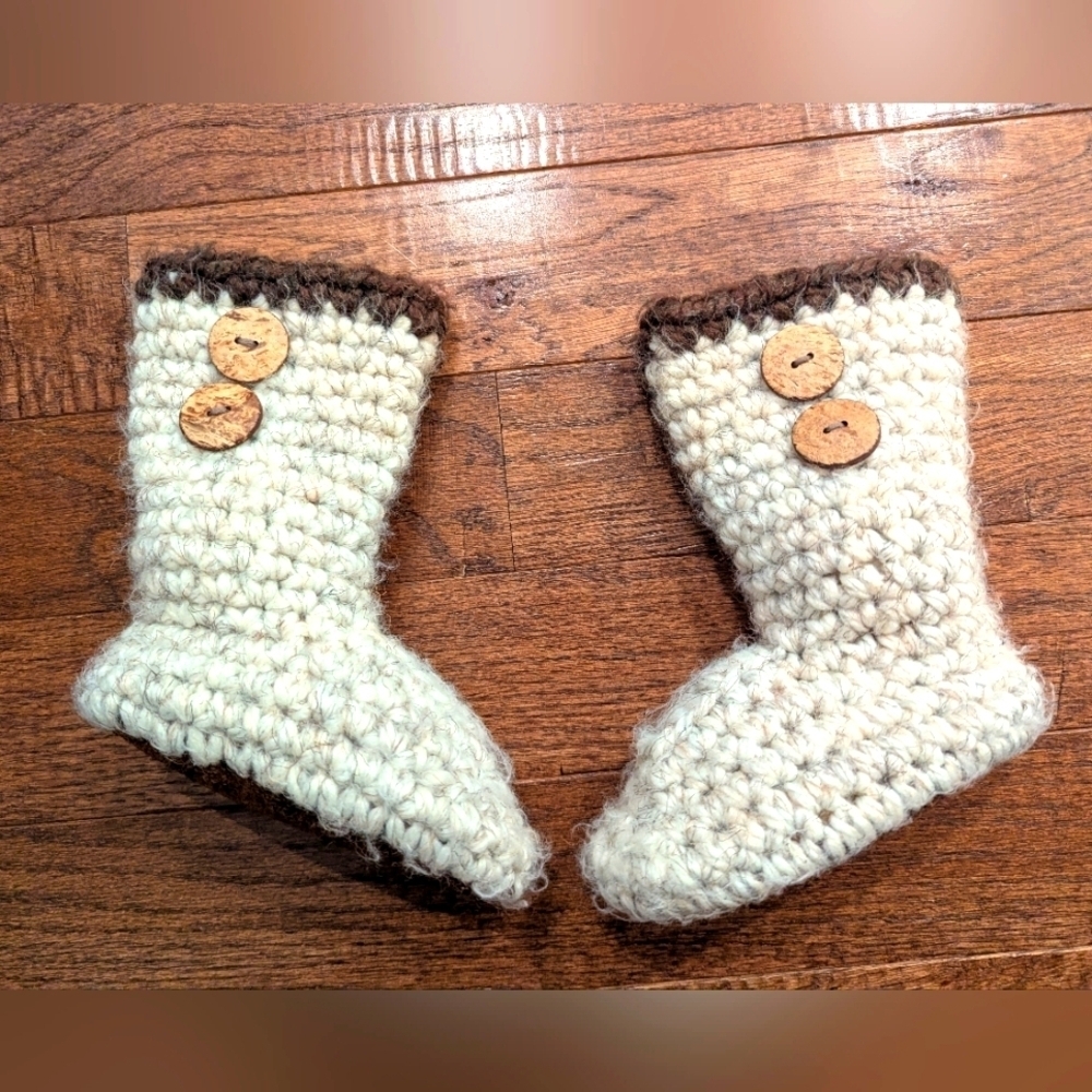 🍁Handmade Wool Suede & Shearling Cream & Brown Crochet Baby Boots Sz 1-2 Years
